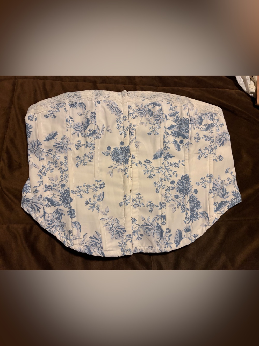 Windsor White Strapless Corset Top with Blue Floral Print, size large